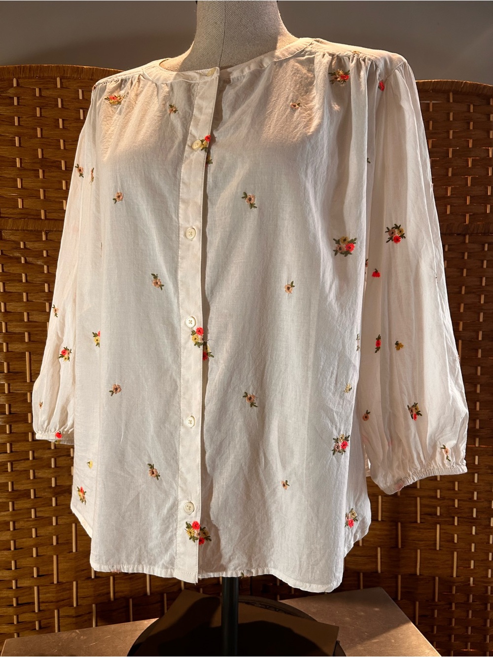 💐Floral Embroidered 100% Cotton Peasant Blouse Boho Cottagecore Top L